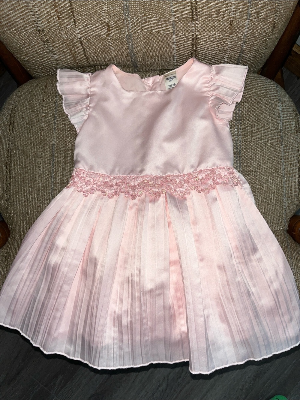 OshKosh B'gosh Pale Pink Satin Pleated Lace Waist Dress